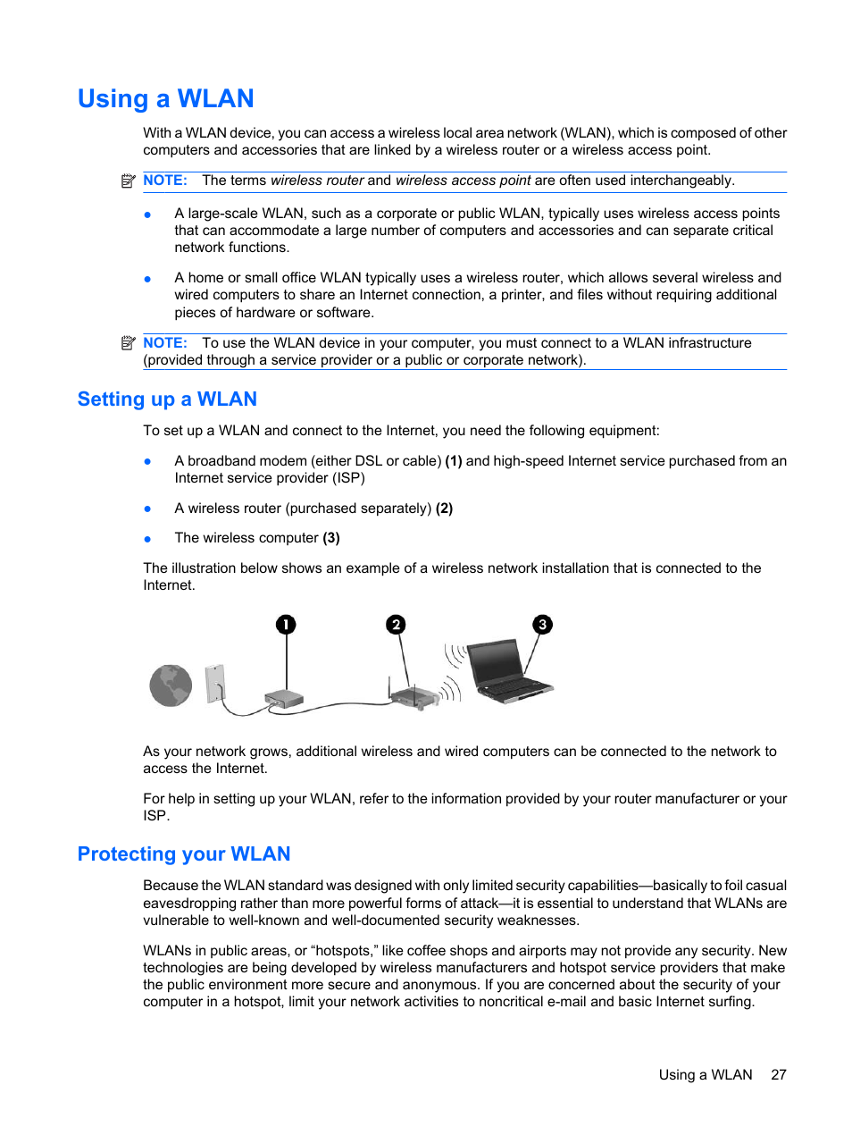 Using a wlan, Setting up a wlan, Protecting your wlan | Setting up a wlan protecting your wlan | HP Mini 5101 User Manual | Page 37 / 114