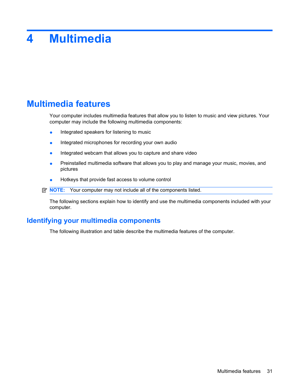 Multimedia, Multimedia features, Identifying your multimedia components | 4 multimedia, 4multimedia | HP Mini 5101 User Manual | Page 41 / 114