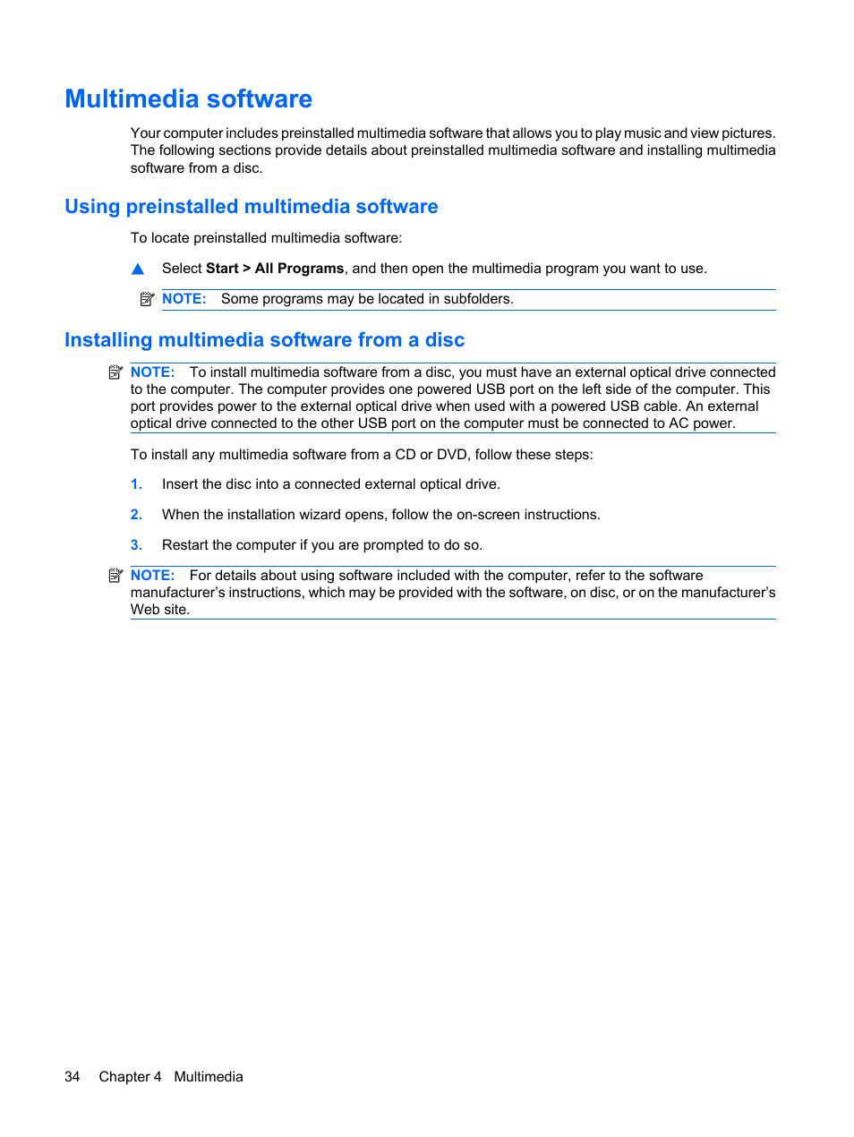 Multimedia software, Using preinstalled multimedia software, Installing multimedia software from a disc | HP Mini 5101 User Manual | Page 44 / 114