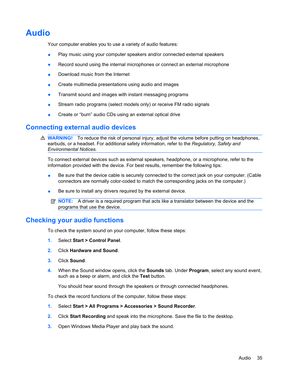 Audio, Connecting external audio devices, Checking your audio functions | HP Mini 5101 User Manual | Page 45 / 114
