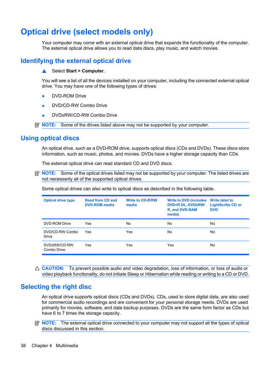 Optical drive (select models only), Identifying the external optical drive, Using optical discs | Selecting the right disc | HP Mini 5101 User Manual | Page 48 / 114