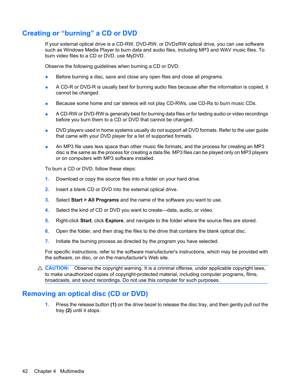 Creating or “burning” a cd or dvd, Removing an optical disc (cd or dvd) | HP Mini 5101 User Manual | Page 52 / 114