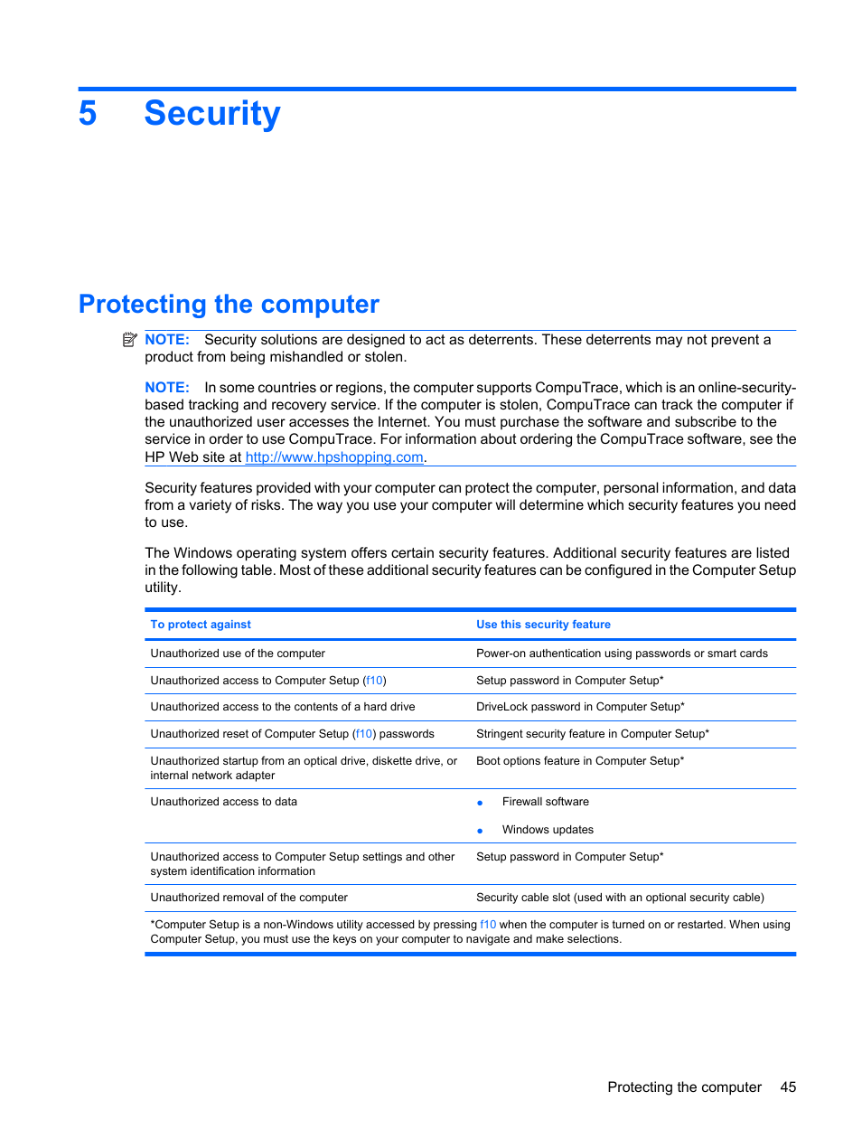 Security, Protecting the computer, 5 security | 5security | HP Mini 5101 User Manual | Page 55 / 114