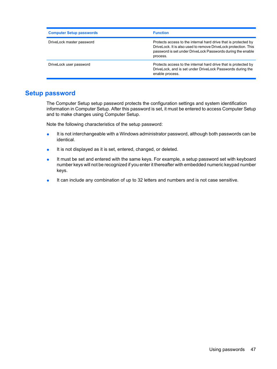 Setup password | HP Mini 5101 User Manual | Page 57 / 114