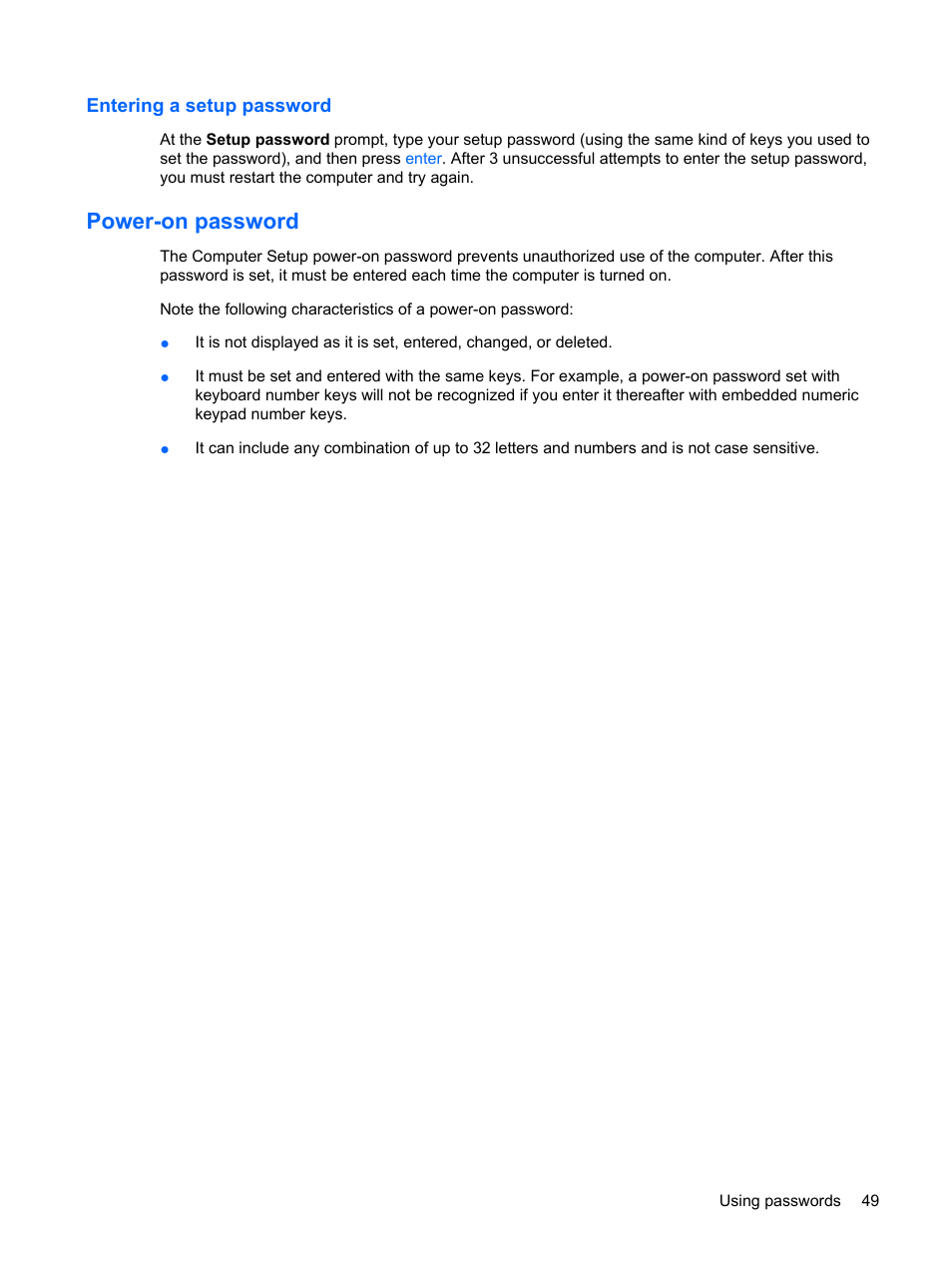 Entering a setup password, Power-on password | HP Mini 5101 User Manual | Page 59 / 114