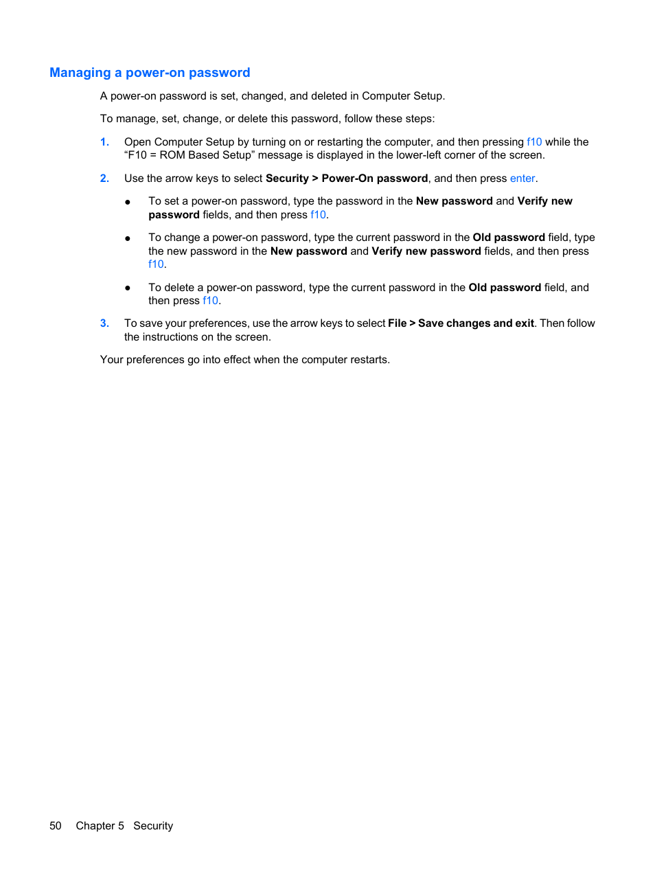 Managing a power-on password | HP Mini 5101 User Manual | Page 60 / 114