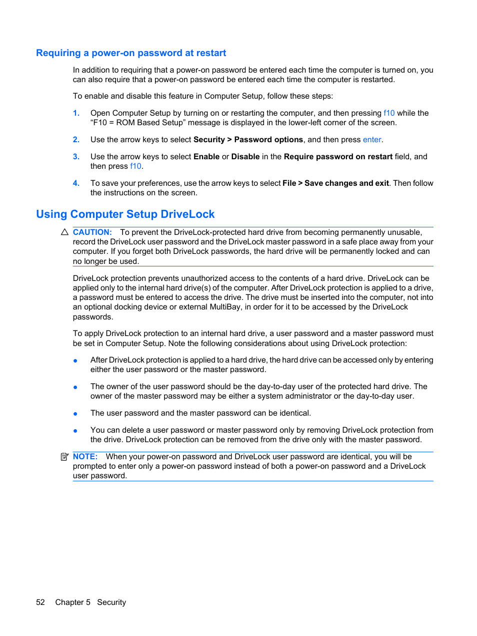 Requiring a power-on password at restart, Using computer setup drivelock | HP Mini 5101 User Manual | Page 62 / 114