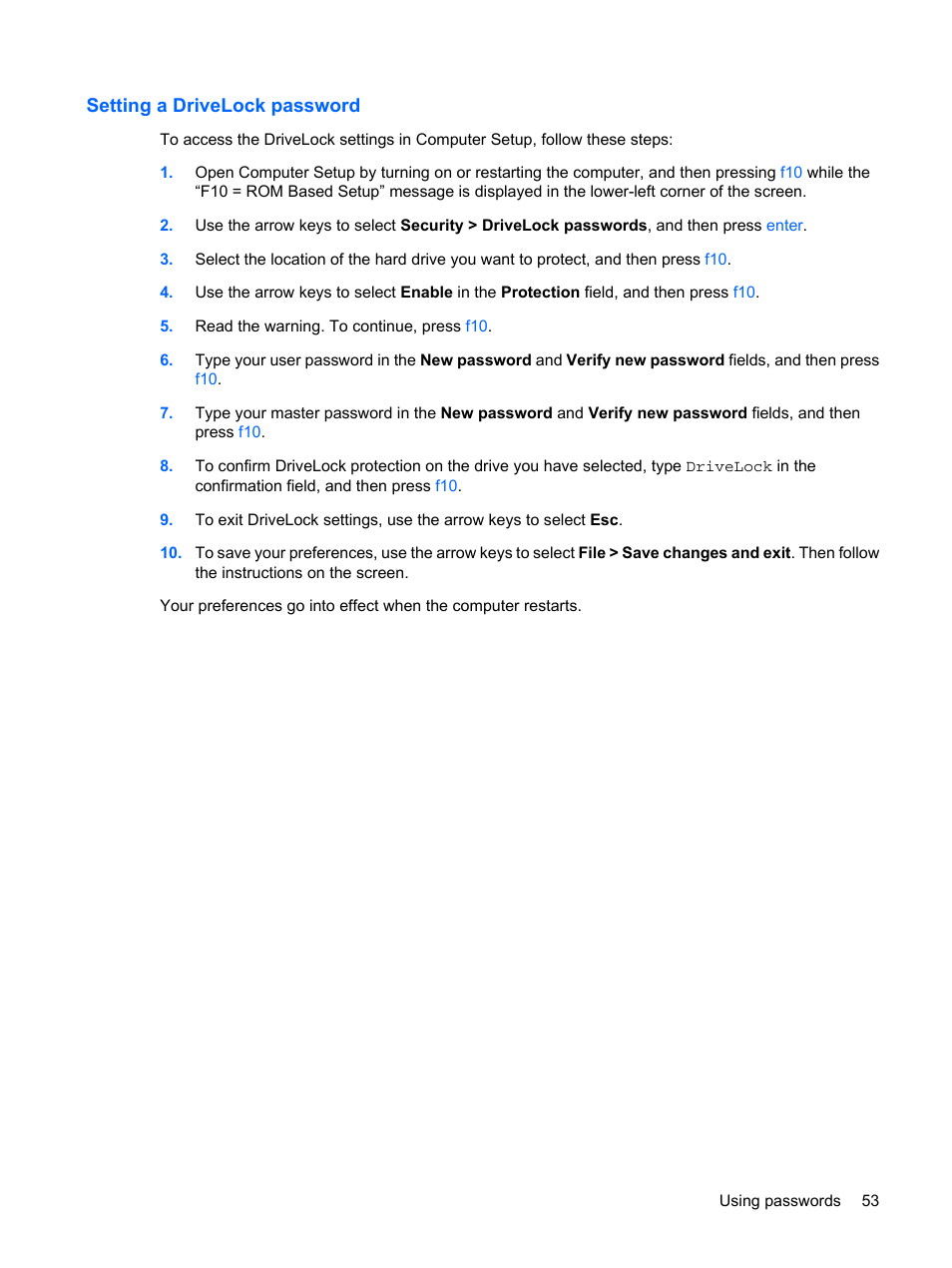 Setting a drivelock password | HP Mini 5101 User Manual | Page 63 / 114