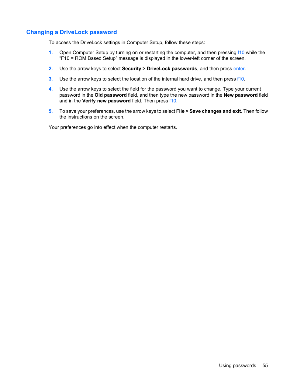 Changing a drivelock password | HP Mini 5101 User Manual | Page 65 / 114