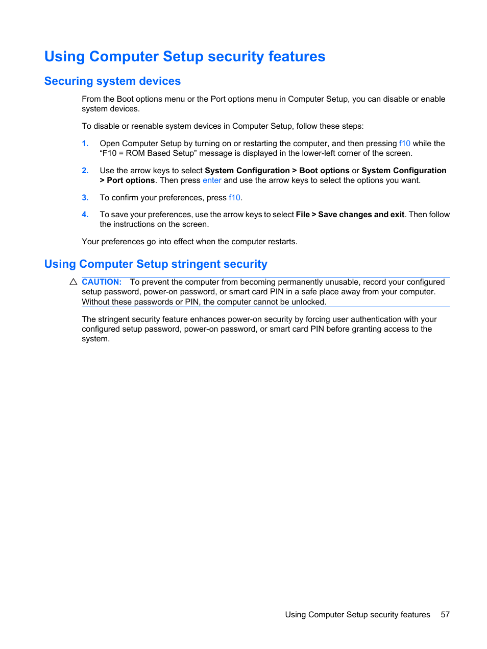 Using computer setup security features, Securing system devices, Using computer setup stringent security | HP Mini 5101 User Manual | Page 67 / 114