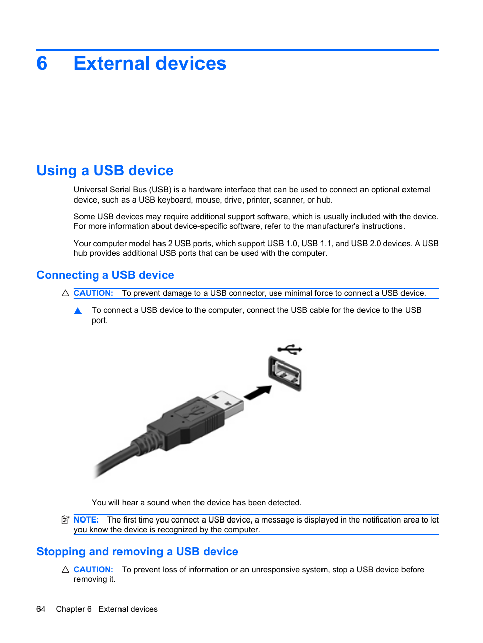 External devices, Using a usb device, Connecting a usb device | Stopping and removing a usb device, 6 external devices, 6external devices | HP Mini 5101 User Manual | Page 74 / 114