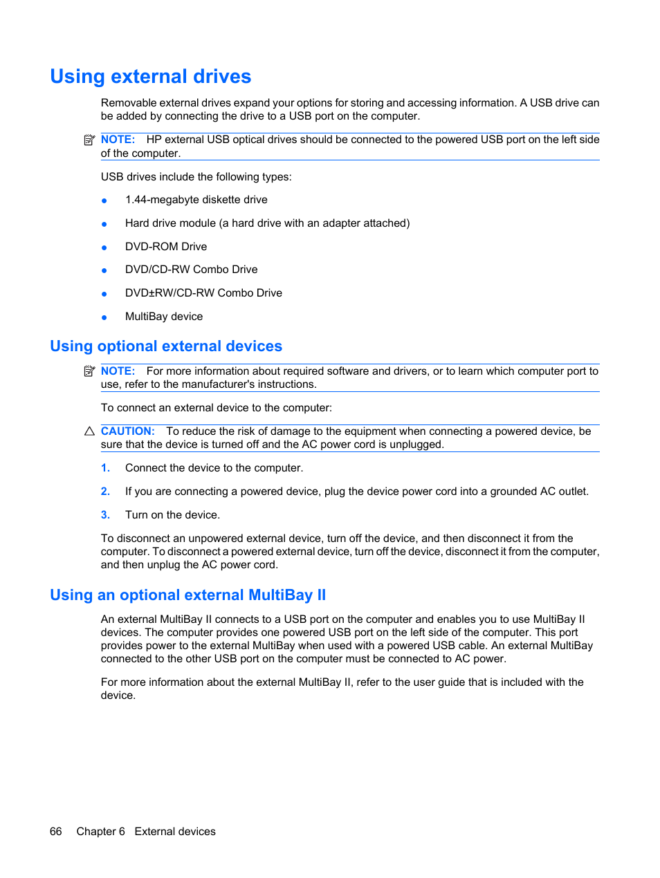 Using external drives, Using optional external devices, Using an optional external multibay ii | HP Mini 5101 User Manual | Page 76 / 114