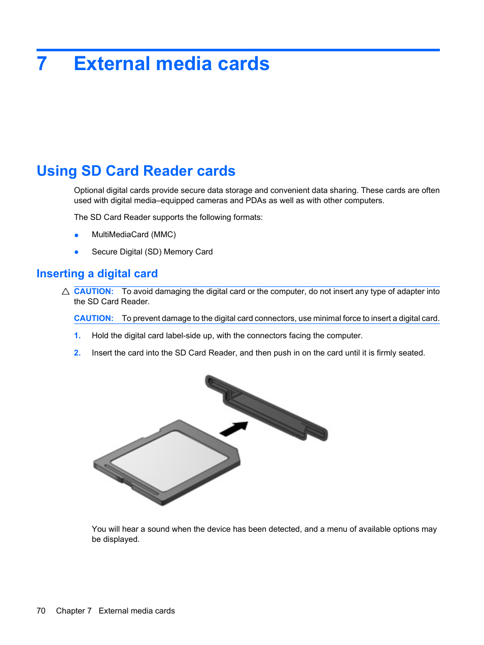 External media cards, Using sd card reader cards, Inserting a digital card | 7 external media cards, 7external media cards | HP Mini 5101 User Manual | Page 80 / 114