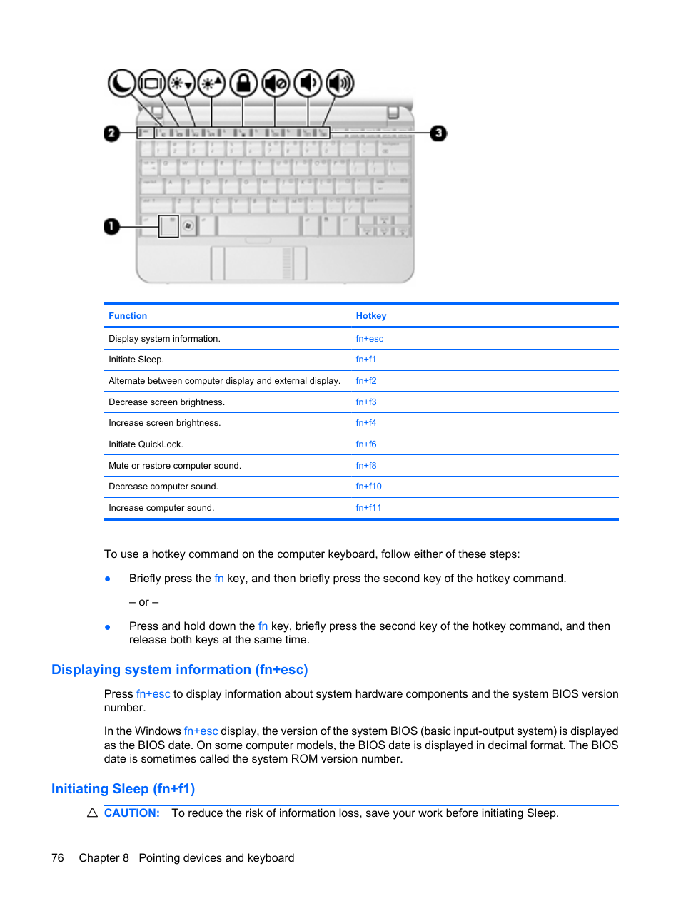 Displaying system information (fn+esc), Initiating sleep (fn+f1) | HP Mini 5101 User Manual | Page 86 / 114