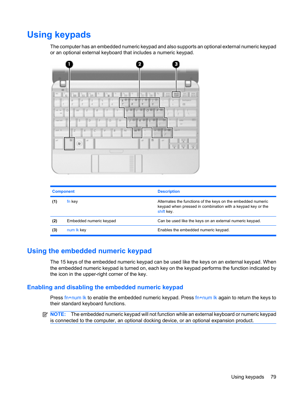 Using keypads, Using the embedded numeric keypad, Enabling and disabling the embedded numeric keypad | HP Mini 5101 User Manual | Page 89 / 114