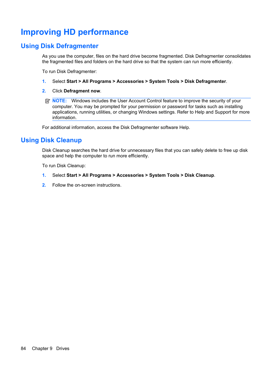 Improving hd performance, Using disk defragmenter, Using disk cleanup | Using disk defragmenter using disk cleanup | HP Mini 5101 User Manual | Page 94 / 114