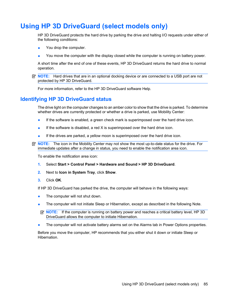 Using hp 3d driveguard (select models only), Identifying hp 3d driveguard status | HP Mini 5101 User Manual | Page 95 / 114
