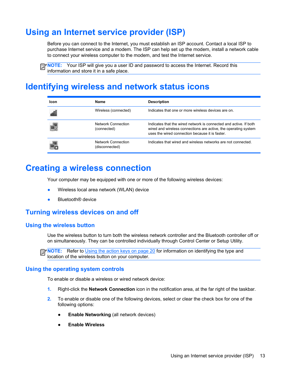 Using an internet service provider (isp), Identifying wireless and network status icons, Creating a wireless connection | Turning wireless devices on and off, Using the wireless button, Using the operating system controls | HP Mini 210-3001xx PC User Manual | Page 23 / 89