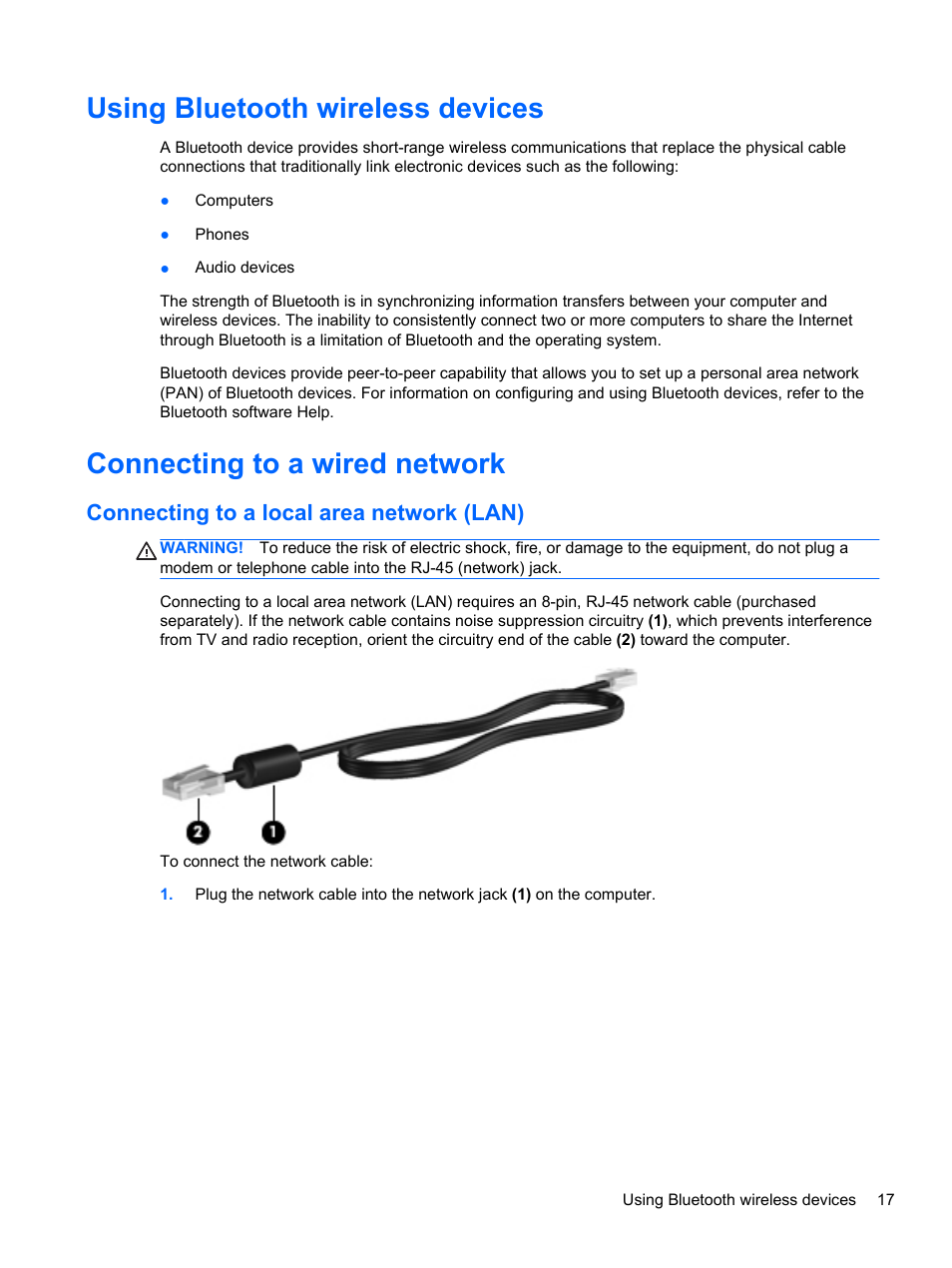 Using bluetooth wireless devices, Connecting to a wired network, Connecting to a local area network (lan) | K, refer to | HP Mini 210-3001xx PC User Manual | Page 27 / 89