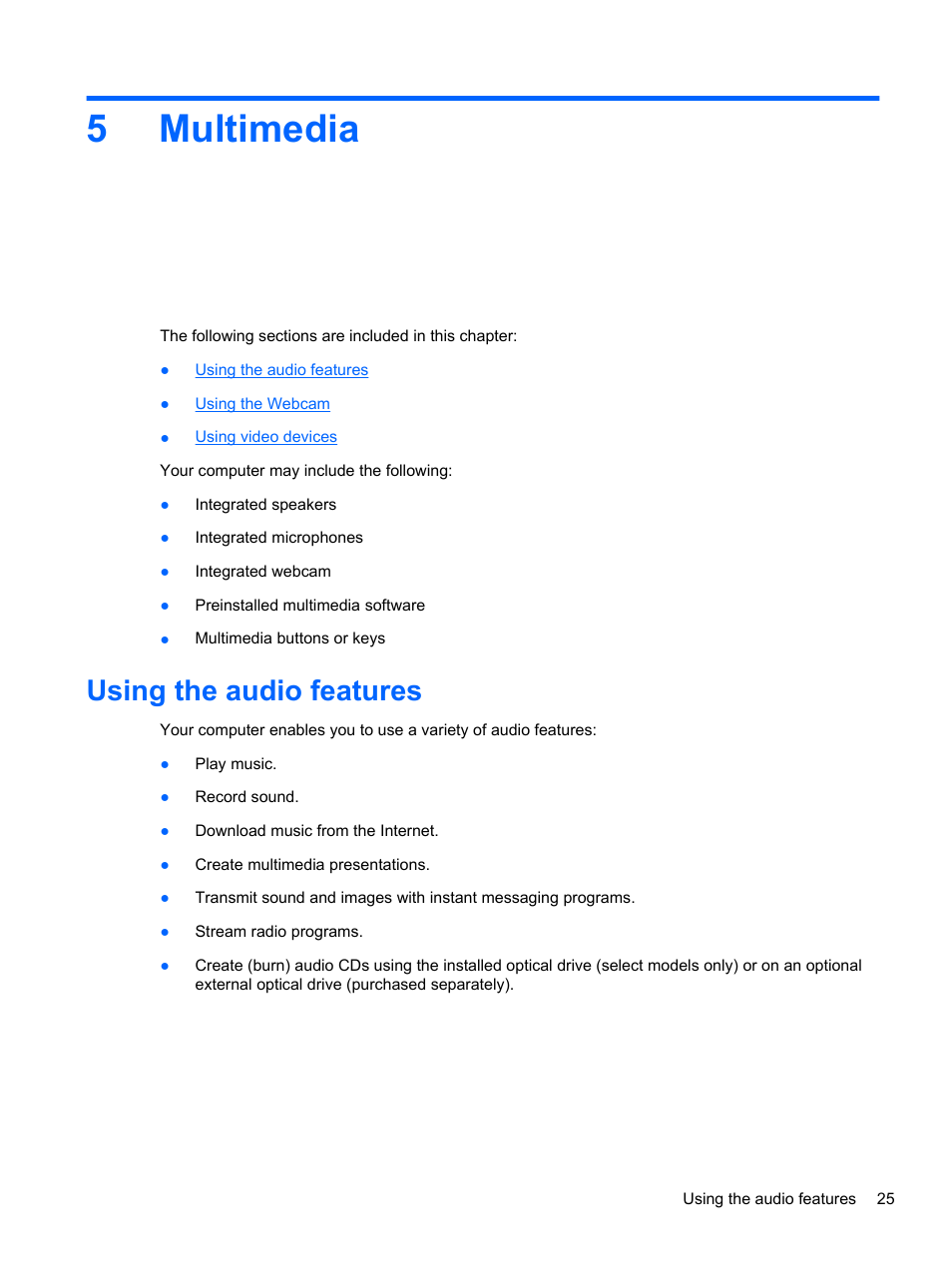 Multimedia, Using the audio features, 5 multimedia | 5multimedia | HP Mini 210-3001xx PC User Manual | Page 35 / 89