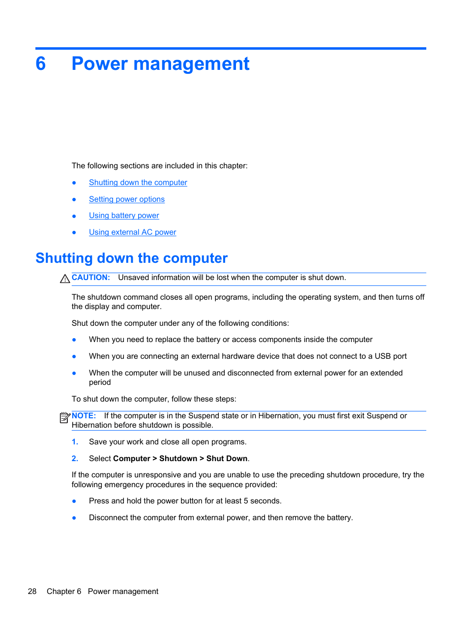 Power management, Shutting down the computer, 6 power management | 6power management | HP Mini 210-3001xx PC User Manual | Page 38 / 89