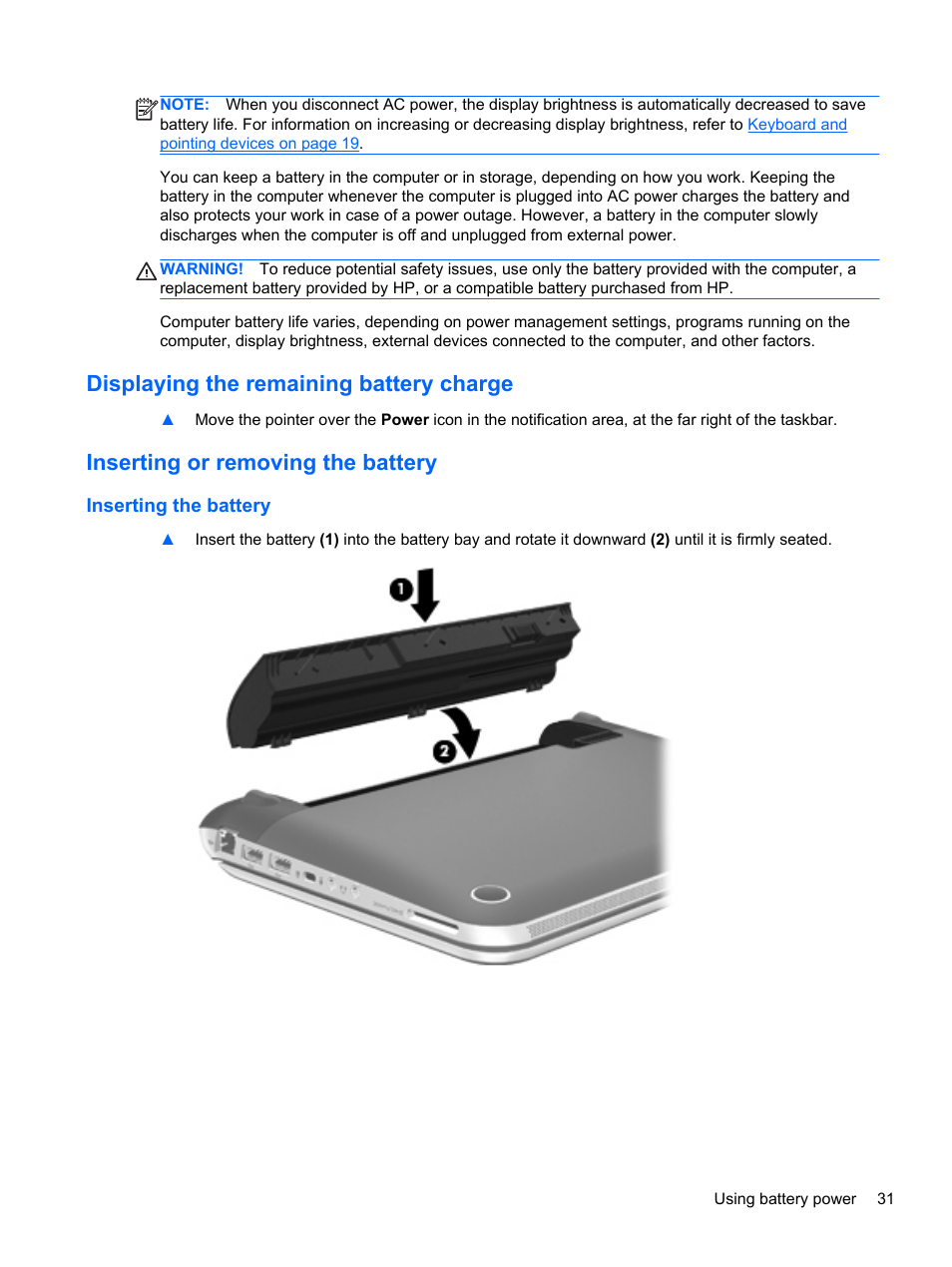 Displaying the remaining battery charge, Inserting or removing the battery, Inserting the battery | HP Mini 210-3001xx PC User Manual | Page 41 / 89