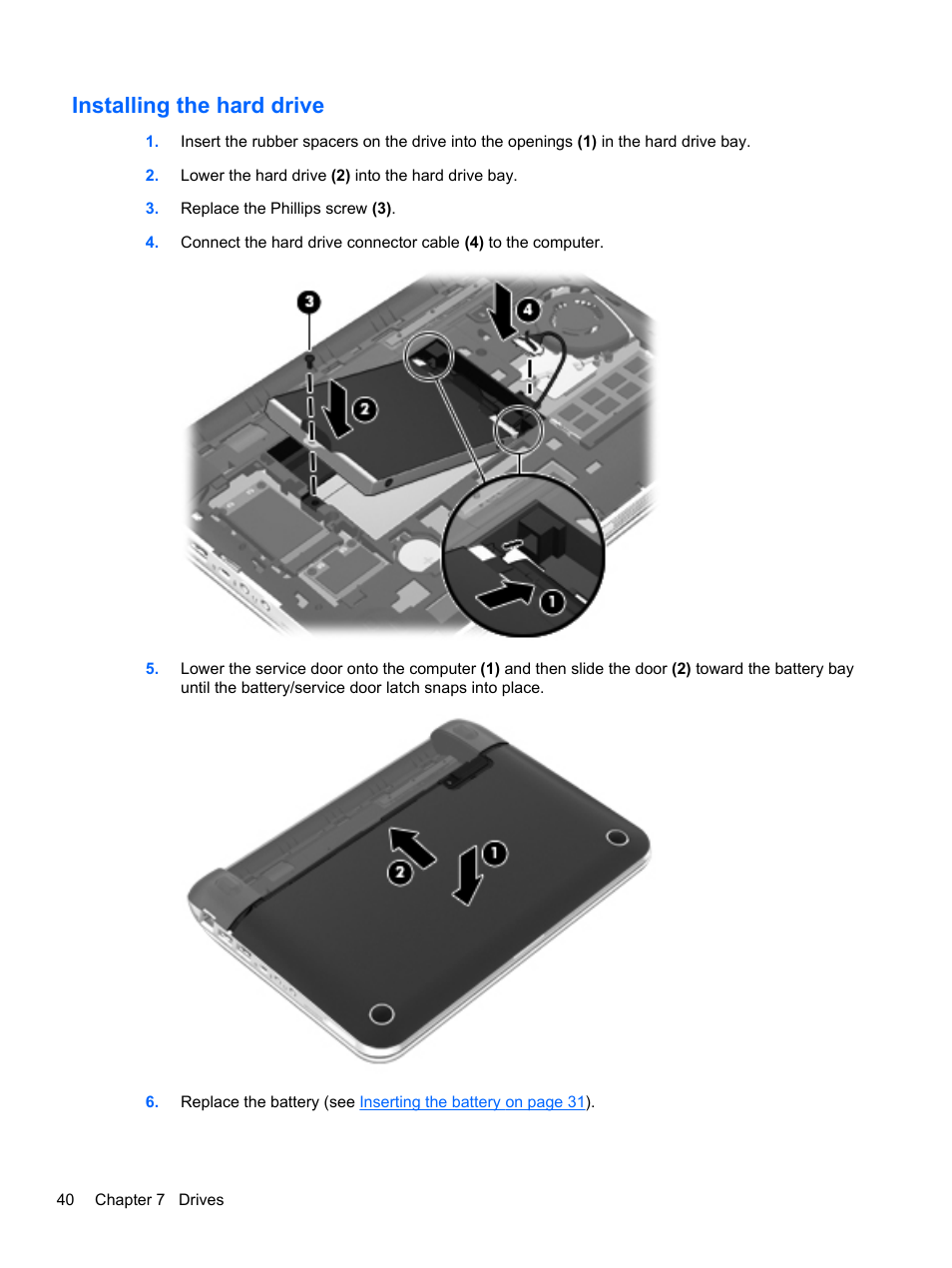 Installing the hard drive | HP Mini 210-3001xx PC User Manual | Page 50 / 89