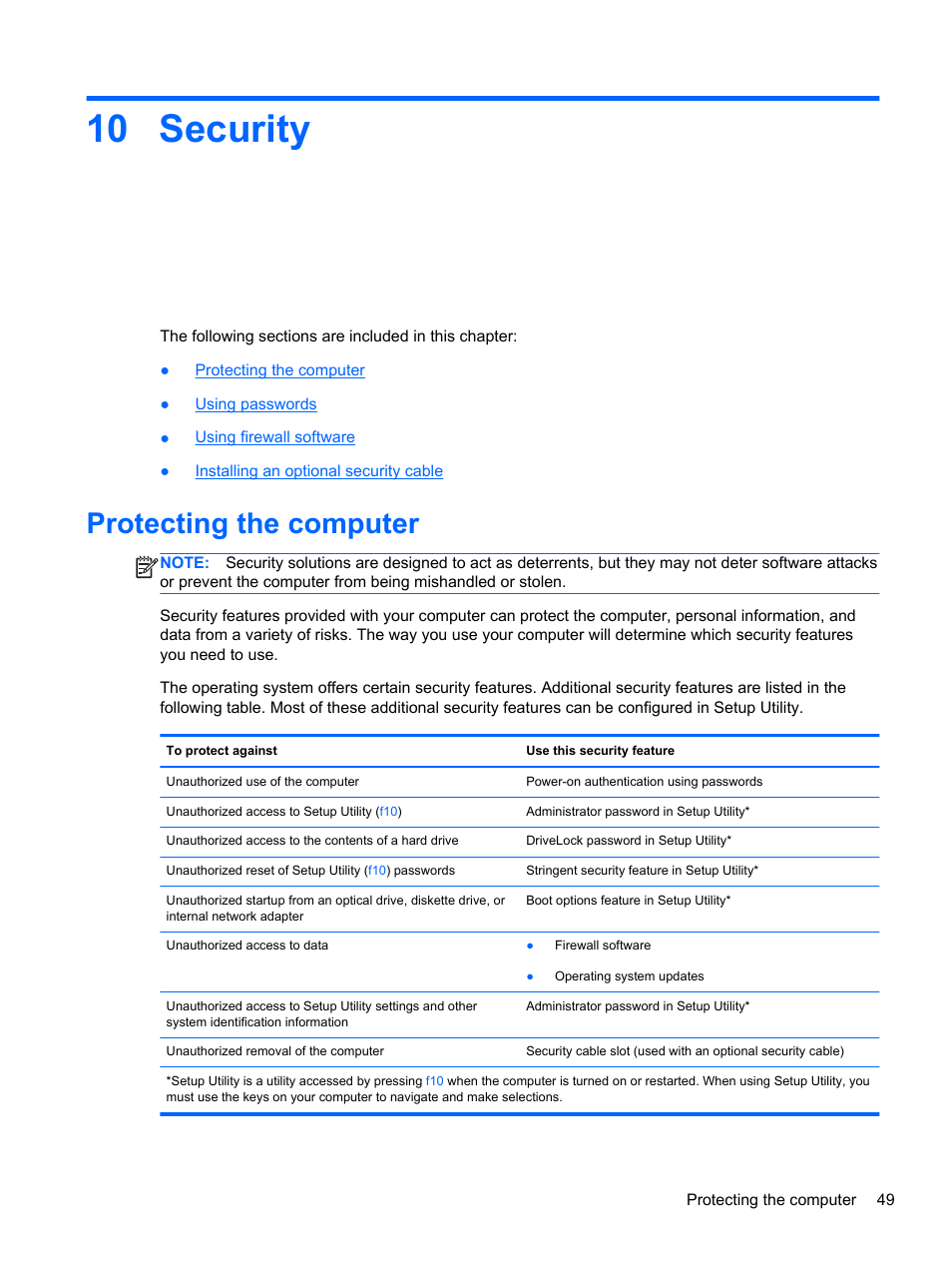 Security, Protecting the computer, 10 security | HP Mini 210-3001xx PC User Manual | Page 59 / 89