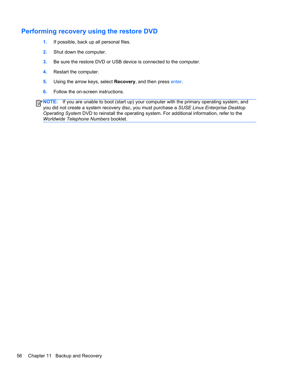 Performing recovery using the restore dvd | HP Mini 210-3001xx PC User Manual | Page 66 / 89