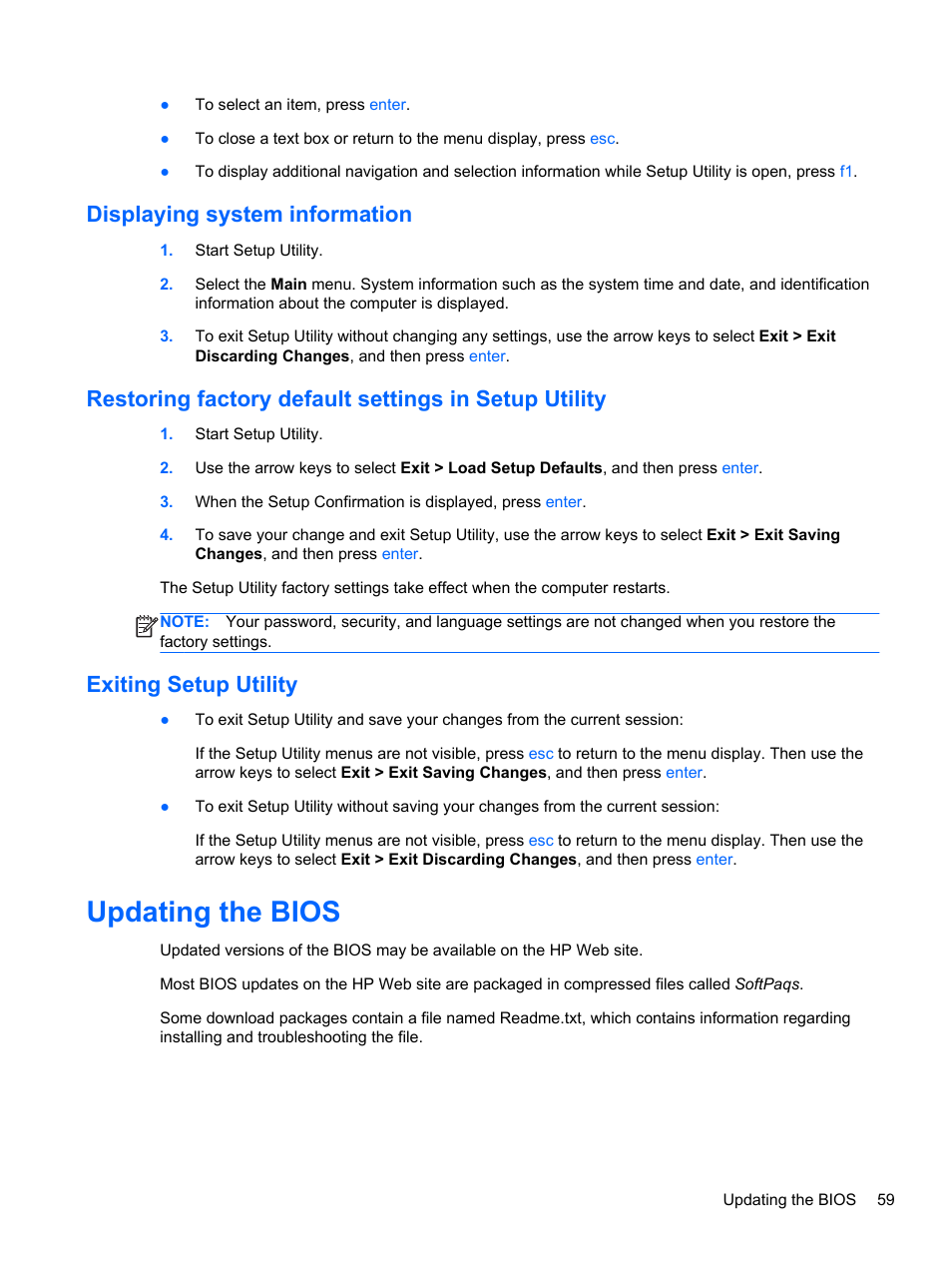 Displaying system information, Exiting setup utility, Updating the bios | HP Mini 210-3001xx PC User Manual | Page 69 / 89