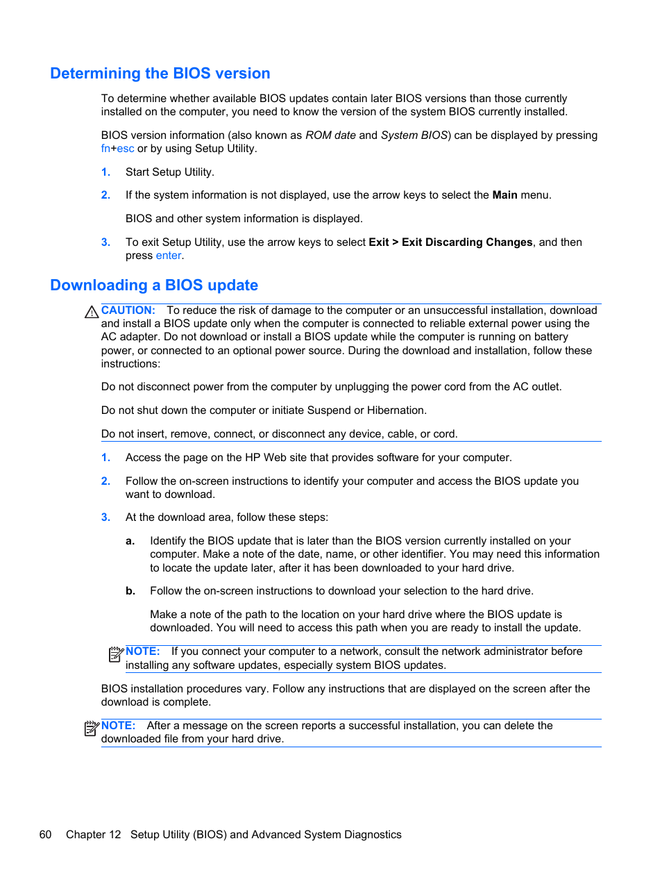 Determining the bios version, Downloading a bios update | HP Mini 210-3001xx PC User Manual | Page 70 / 89