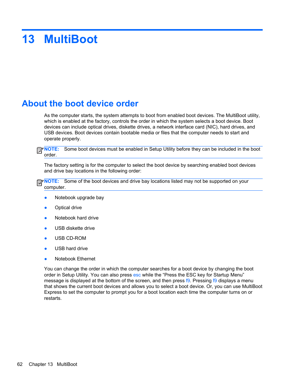 Multiboot, About the boot device order, 13 multiboot | HP Mini 210-3001xx PC User Manual | Page 72 / 89