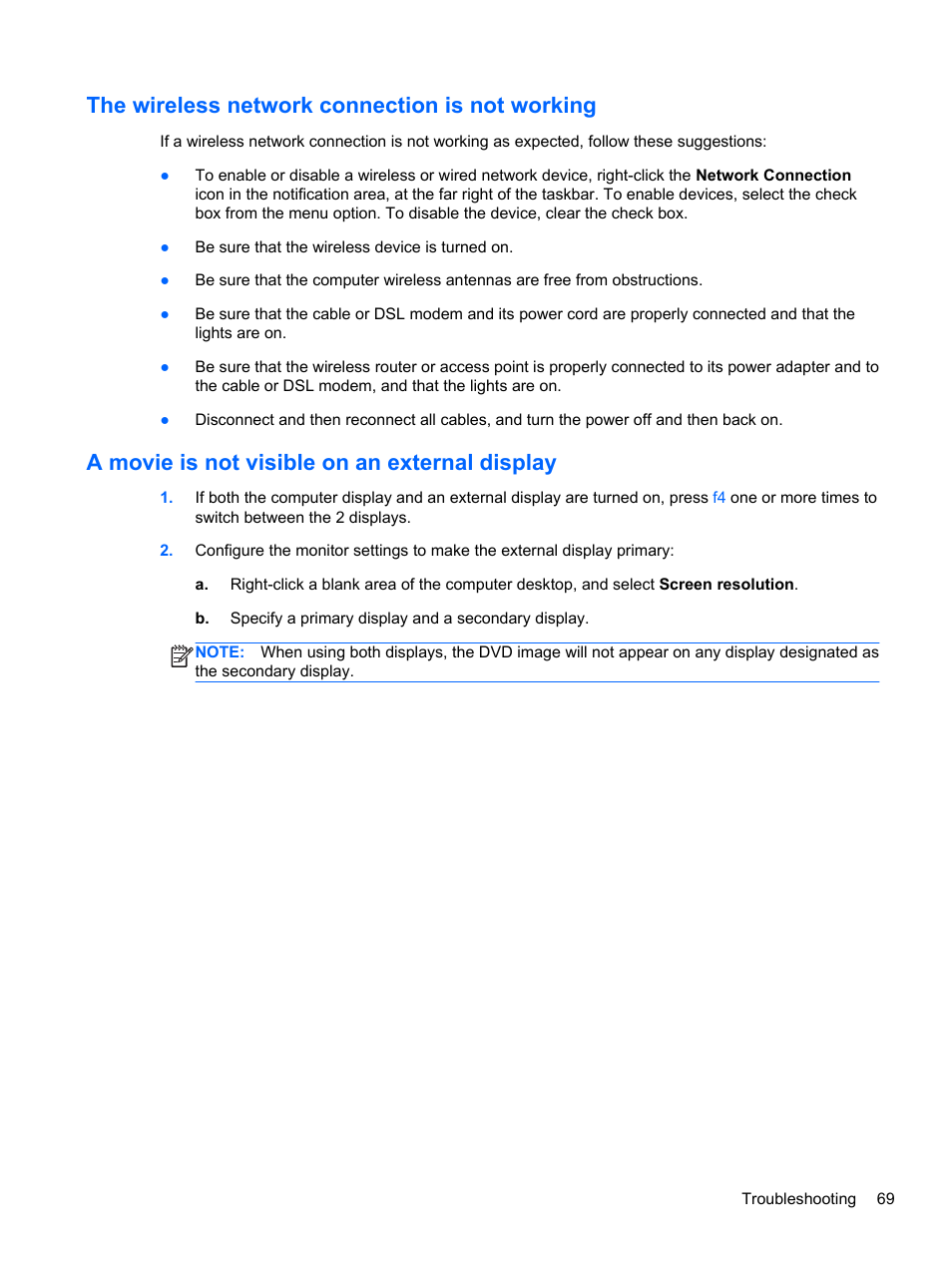 The wireless network connection is not working, A movie is not visible on an external display | HP Mini 210-3001xx PC User Manual | Page 79 / 89