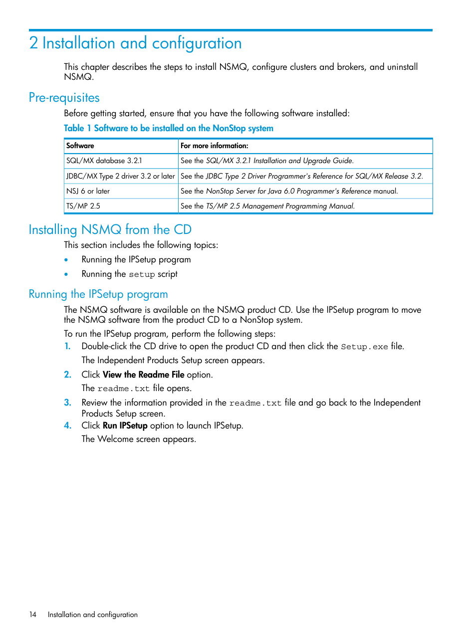 2 installation and configuration, Pre-requisites, Installing nsmq from the cd | Running the ipsetup program, Pre-requisites installing nsmq from the cd | HP Integrity NonStop H-Series User Manual | Page 14 / 65