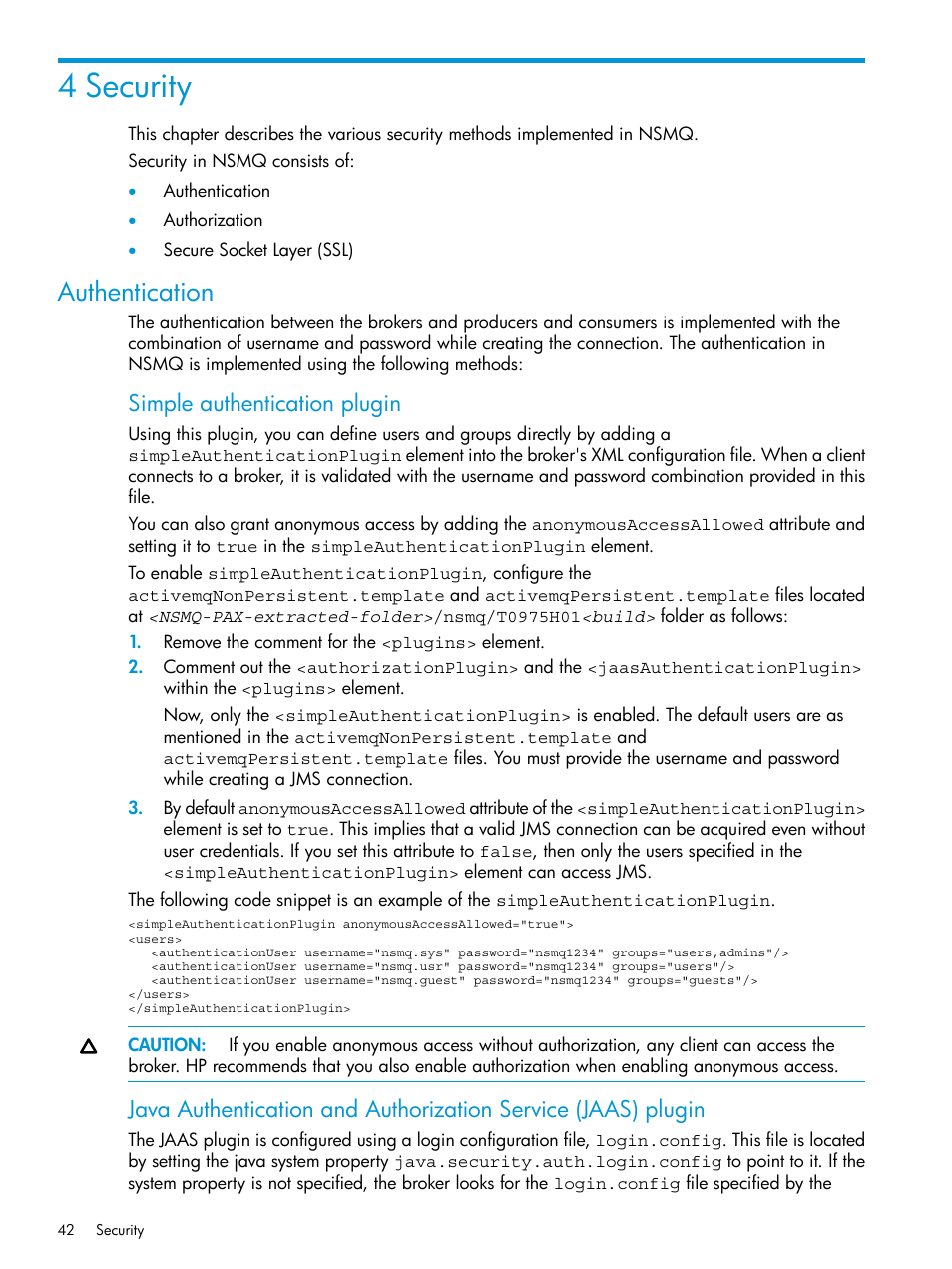 4 security, Authentication, Simple authentication plugin | HP Integrity NonStop H-Series User Manual | Page 42 / 65