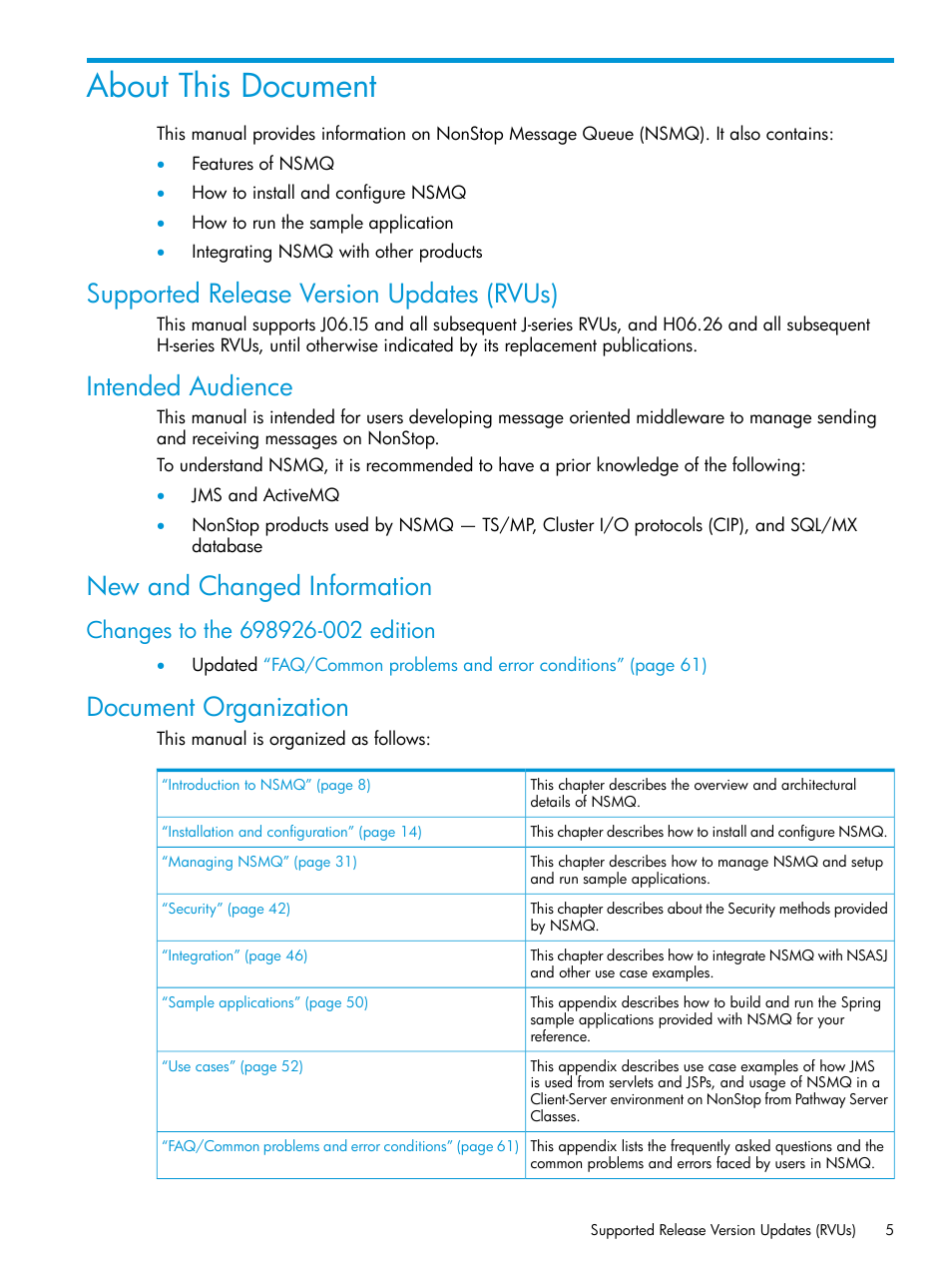 About this document, Supported release version updates (rvus), Intended audience | New and changed information, Changes to the 698926-002 edition, Document organization | HP Integrity NonStop H-Series User Manual | Page 5 / 65
