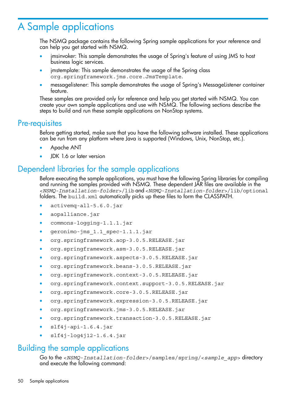 A sample applications, Pre-requisites, Dependent libraries for the sample applications | Building the sample applications | HP Integrity NonStop H-Series User Manual | Page 50 / 65