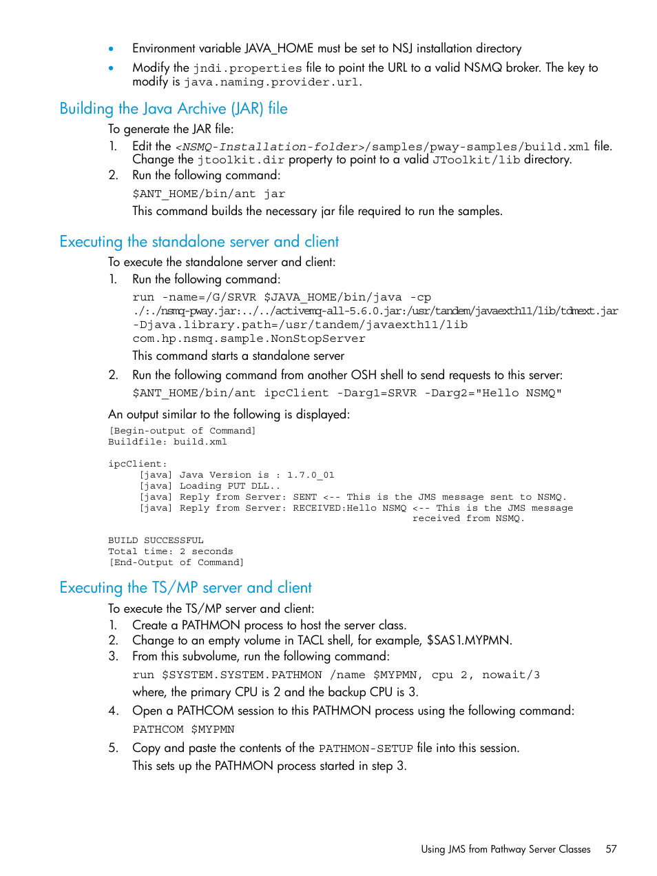 Building the java archive (jar) file, Executing the standalone server and client, Executing the ts/mp server and client | HP Integrity NonStop H-Series User Manual | Page 57 / 65
