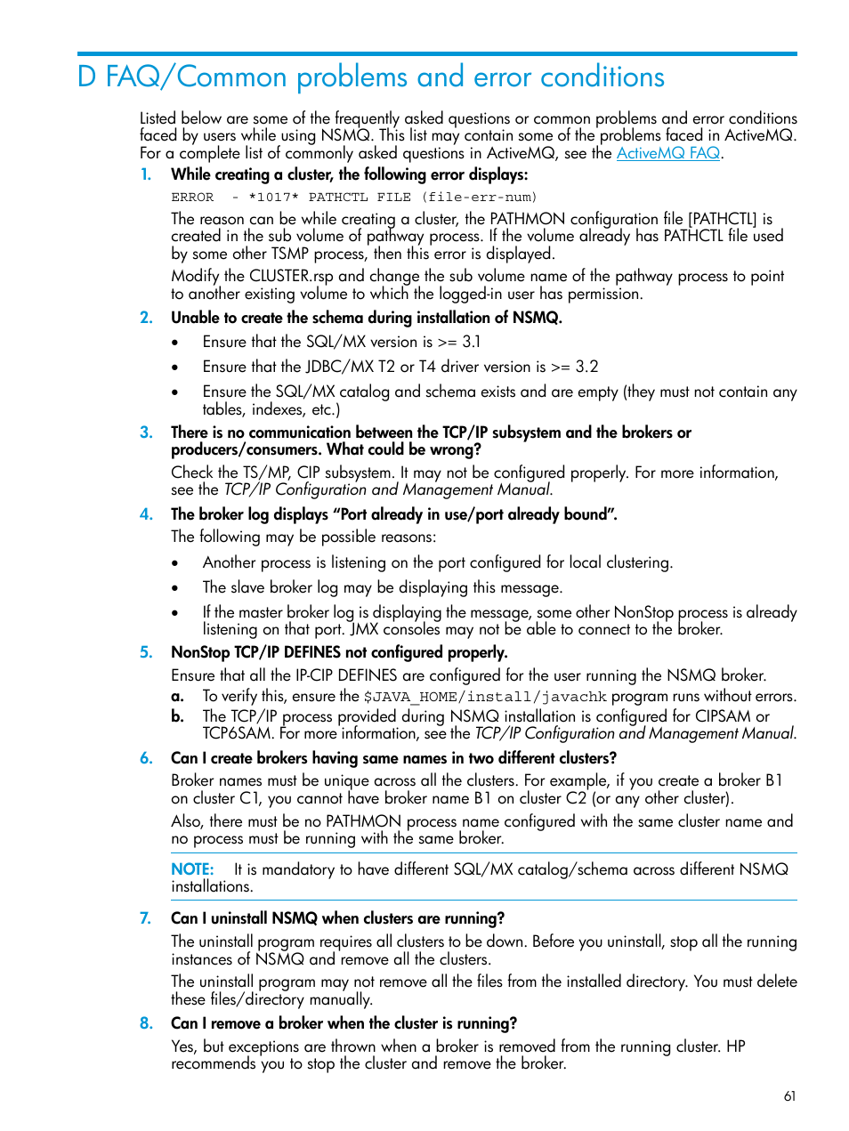 D faq/common problems and error conditions | HP Integrity NonStop H-Series User Manual | Page 61 / 65