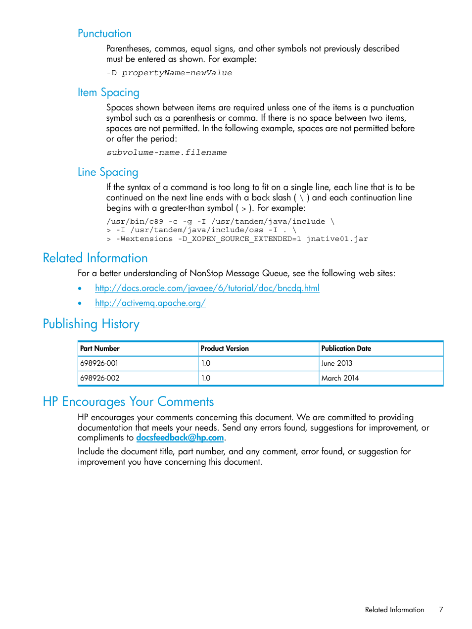 Related information, Publishing history, Hp encourages your comments | Punctuation, Item spacing, Line spacing | HP Integrity NonStop H-Series User Manual | Page 7 / 65