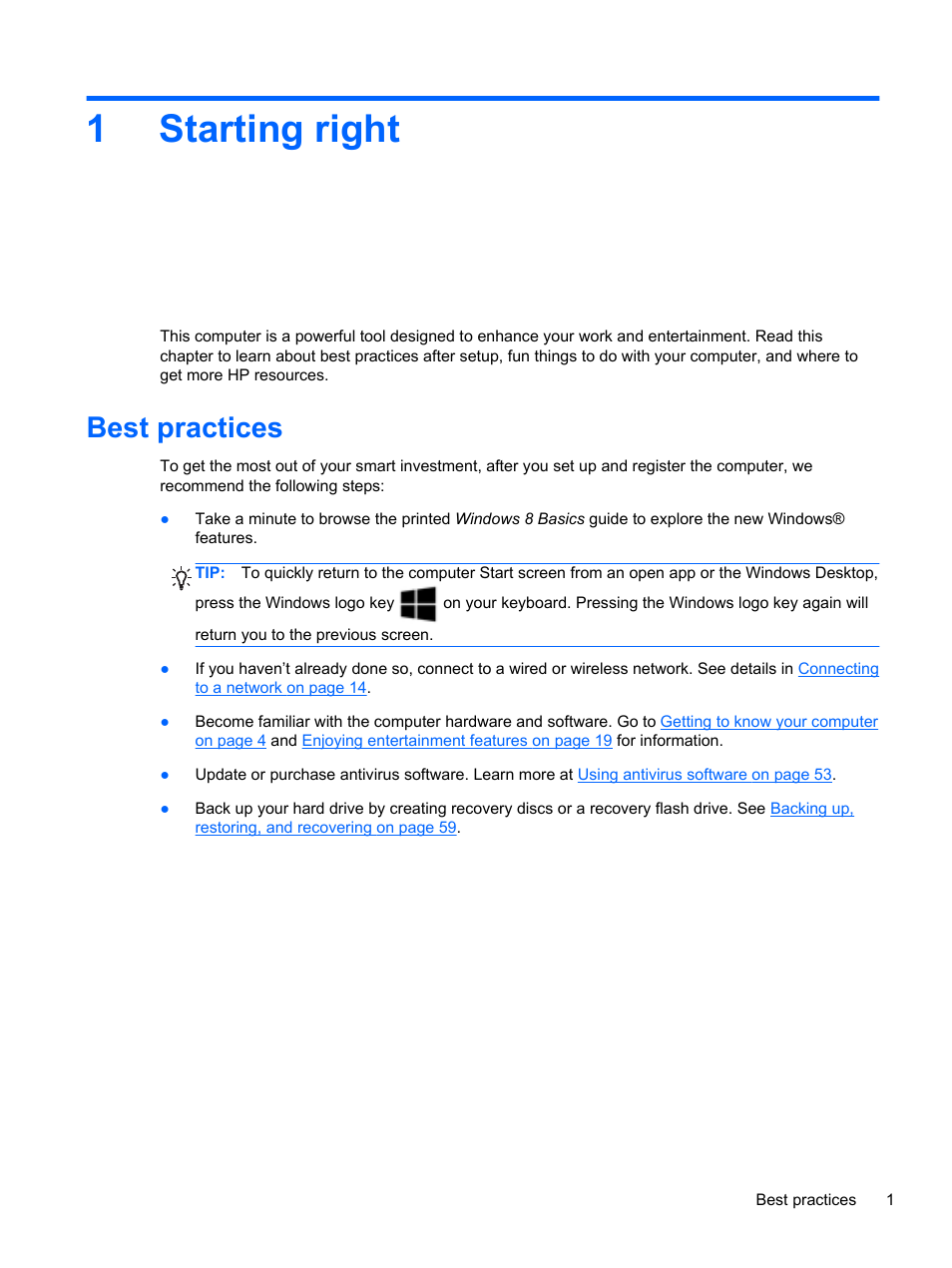 Starting right, Best practices, 1 starting right | 1starting right | HP ENVY Sleekbook 6-1110us User Manual | Page 11 / 82