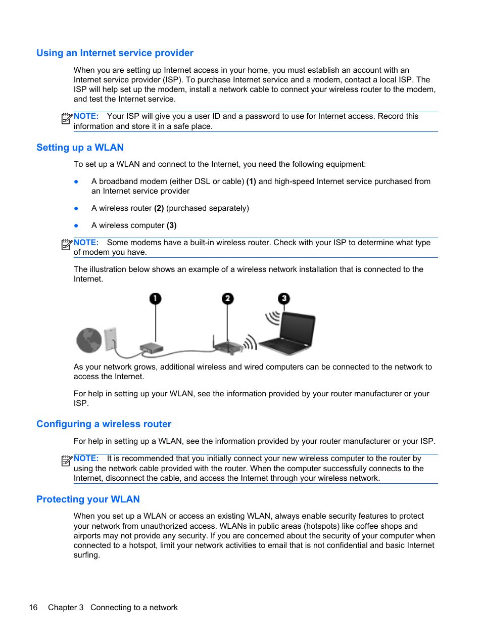 Using an internet service provider, Setting up a wlan, Configuring a wireless router | Protecting your wlan | HP ENVY Sleekbook 6-1110us User Manual | Page 26 / 82