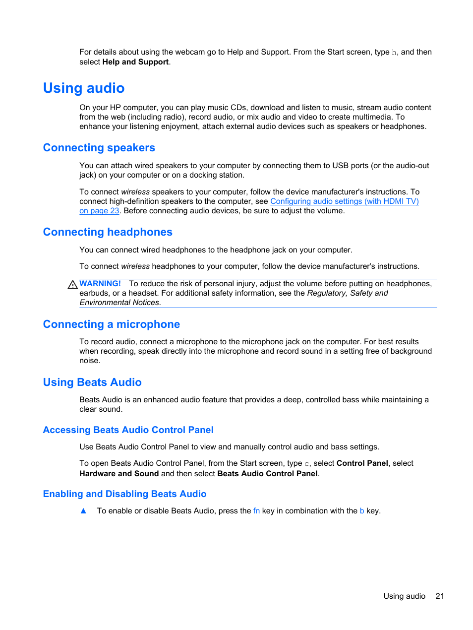 Using audio, Connecting speakers, Connecting headphones | Connecting a microphone, Using beats audio, Accessing beats audio control panel, Enabling and disabling beats audio | HP ENVY Sleekbook 6-1110us User Manual | Page 31 / 82