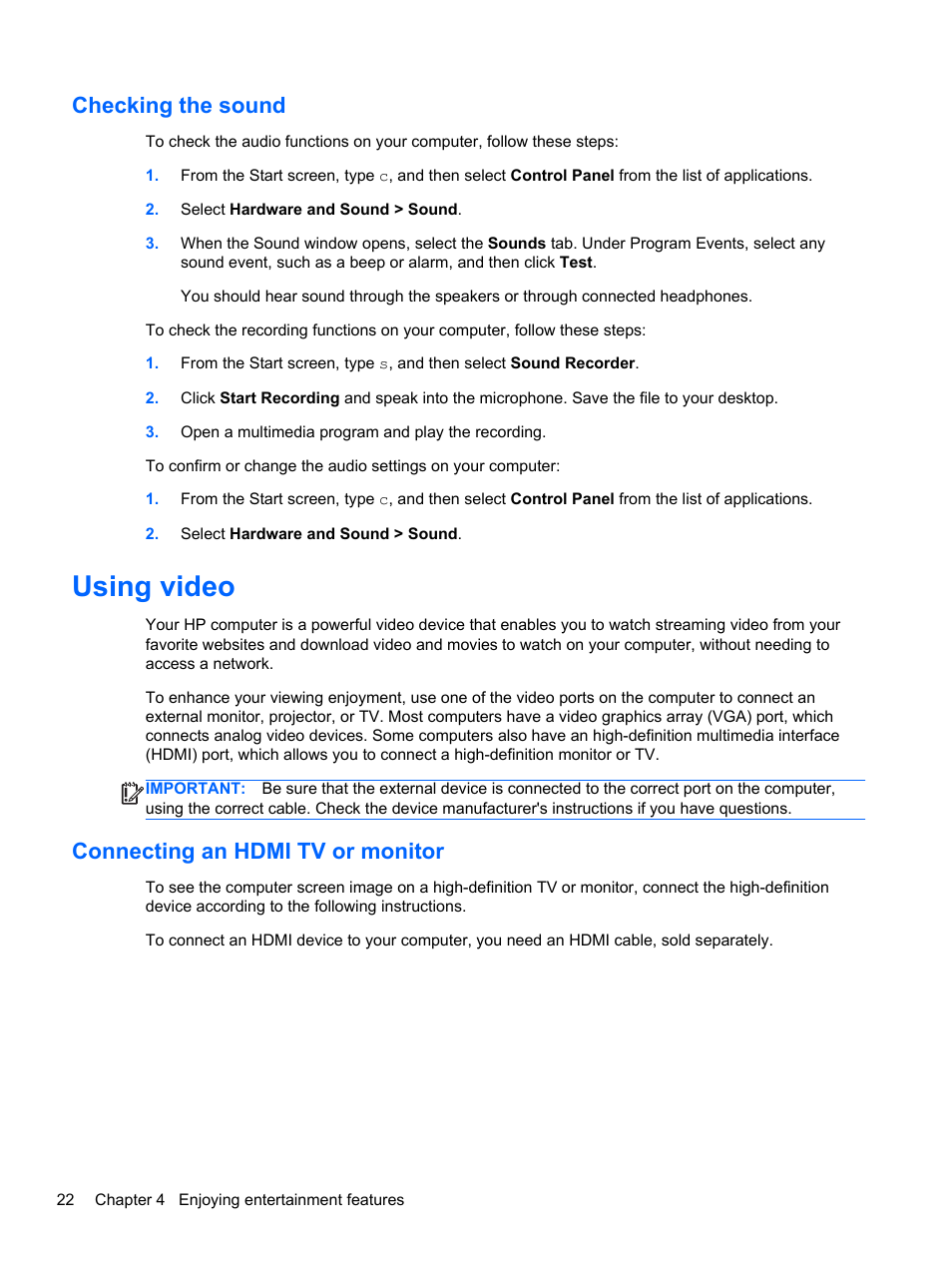 Checking the sound, Using video, Connecting an hdmi tv or monitor | HP ENVY Sleekbook 6-1110us User Manual | Page 32 / 82