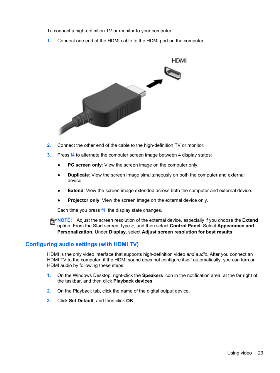 Configuring audio settings (with hdmi tv) | HP ENVY Sleekbook 6-1110us User Manual | Page 33 / 82