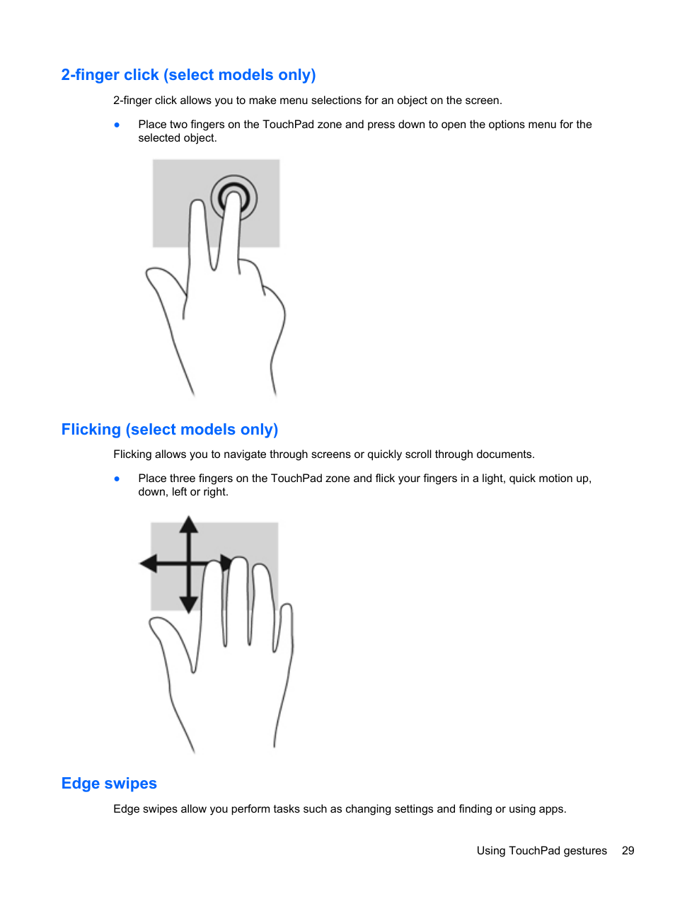 Finger click (select models only), Flicking (select models only), Edge swipes | HP ENVY Sleekbook 6-1110us User Manual | Page 39 / 82