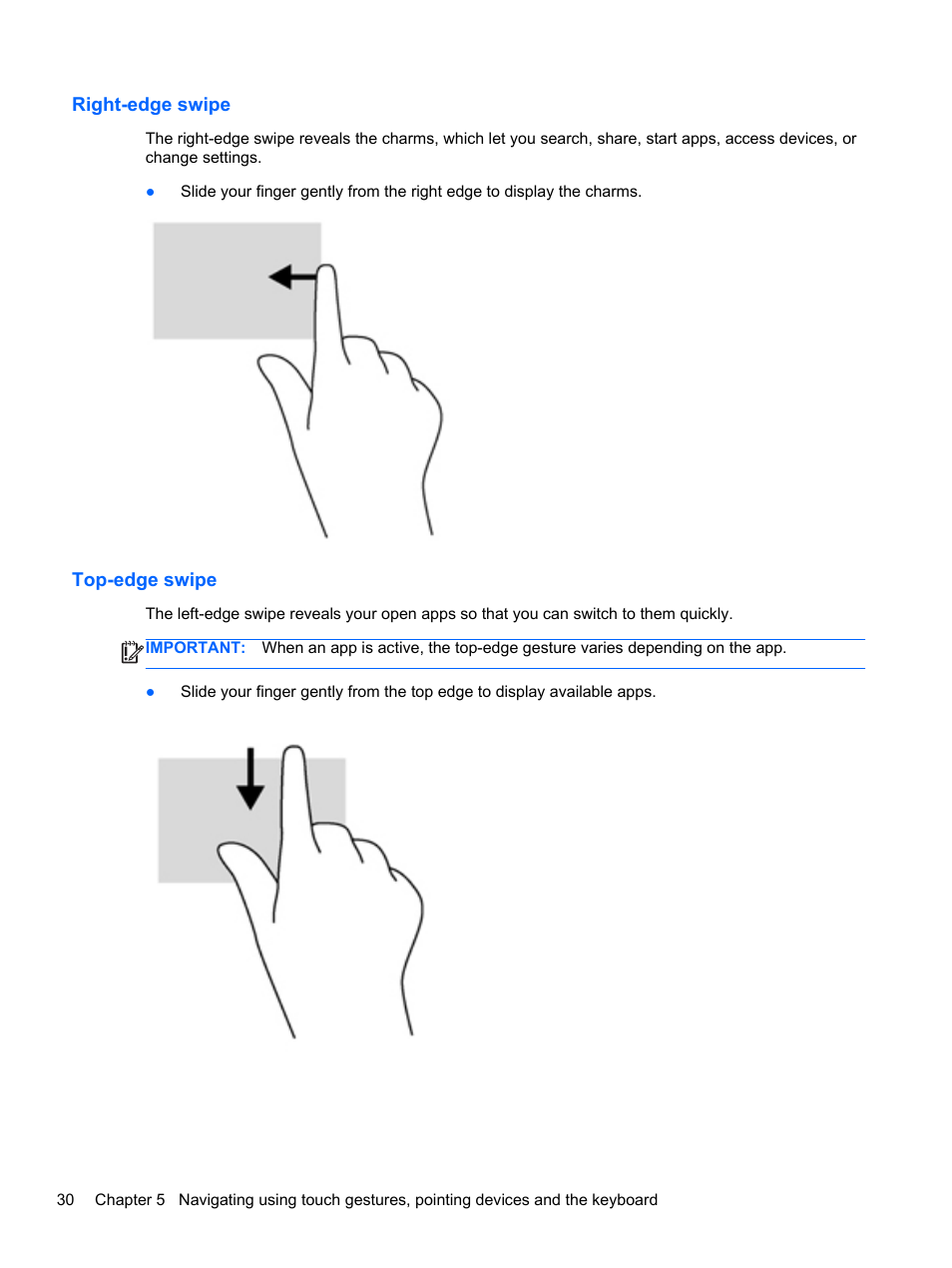 Right-edge swipe, Top-edge swipe, Right-edge swipe top-edge swipe | HP ENVY Sleekbook 6-1110us User Manual | Page 40 / 82