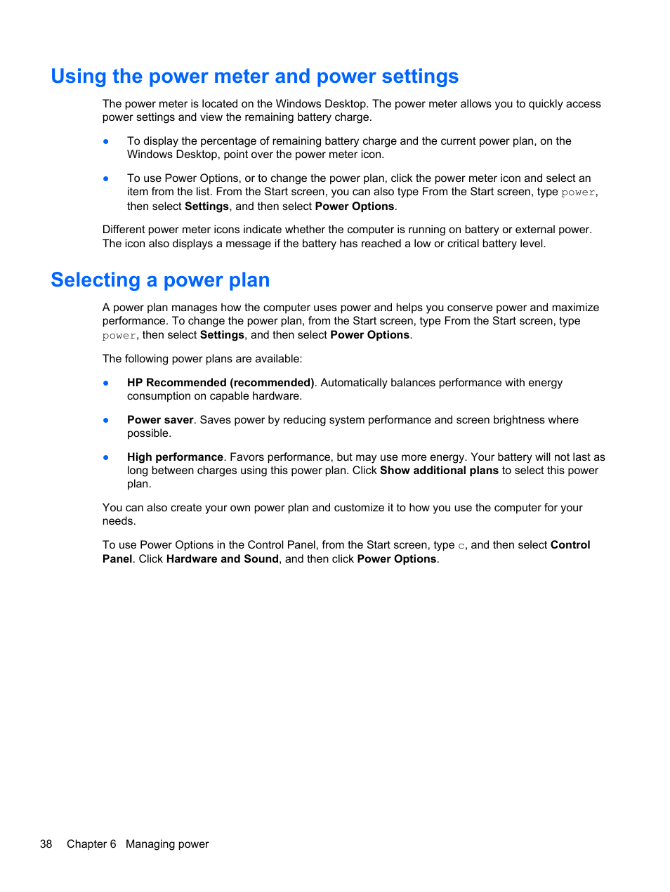 Using the power meter and power settings, Selecting a power plan | HP ENVY Sleekbook 6-1110us User Manual | Page 48 / 82