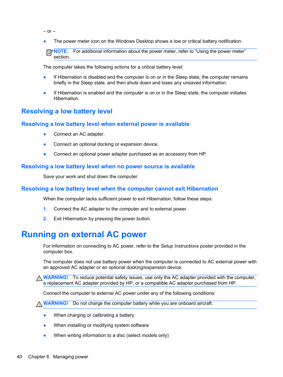 Resolving a low battery level, Running on external ac power | HP ENVY Sleekbook 6-1110us User Manual | Page 50 / 82