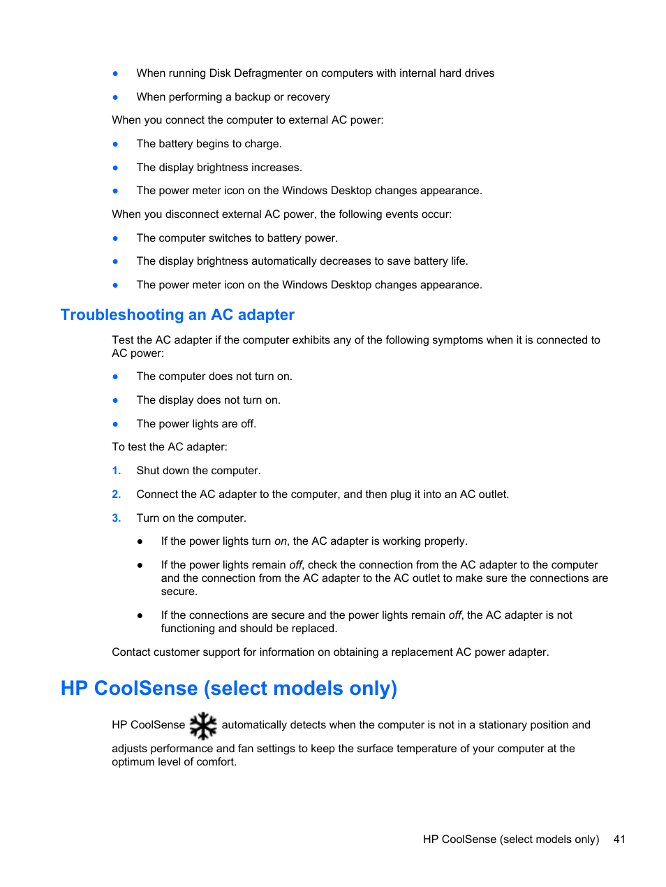 Troubleshooting an ac adapter, Hp coolsense (select models only) | HP ENVY Sleekbook 6-1110us User Manual | Page 51 / 82